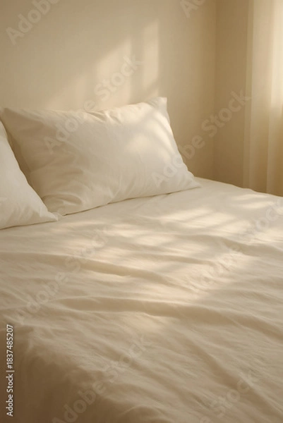 Fototapeta Soft light on a cozy bed with white sheets and pillows, creating a serene and inviting atmosphere. A perfect spot for peaceful rest.