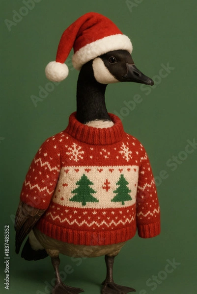 Fototapeta Festive feathered friend! Goose donned in a red Christmas sweater and Santa hat on a cheerful green backdrop. Holiday cheer and avian charm.