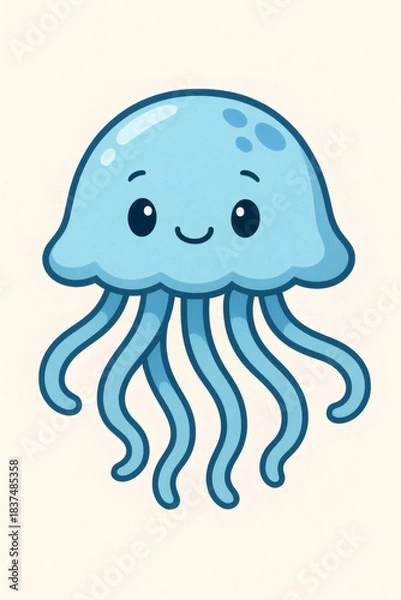 Fototapeta A charming cartoon jellyfish floats cheerfully. Its simple design and friendly face make it perfect for children's illustrations and educational materials.