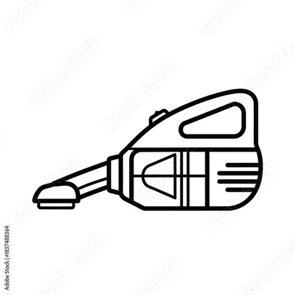 Fototapeta A black and white line drawing of a handheld vacuum cleaner with a nozzle and a dustbin.