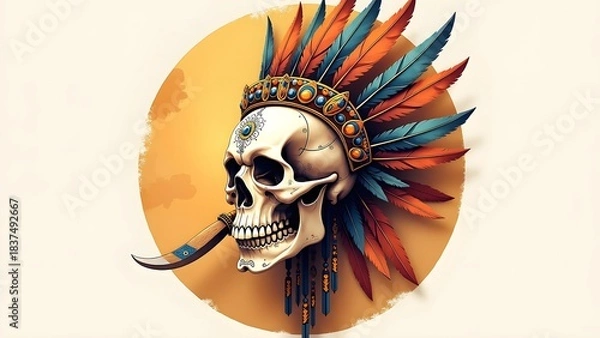 Obraz Watercolor Aztec Warrior Skull with Feathers and Ancient Symbols