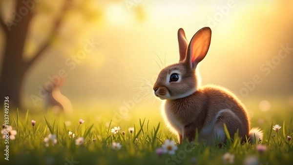 Obraz Cute Bunny Silhouette with Long Ears in Spring Meadow