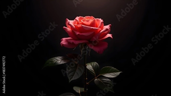 Obraz Elegant Rose Silhouette with Stem and Leaves on Dark Background
