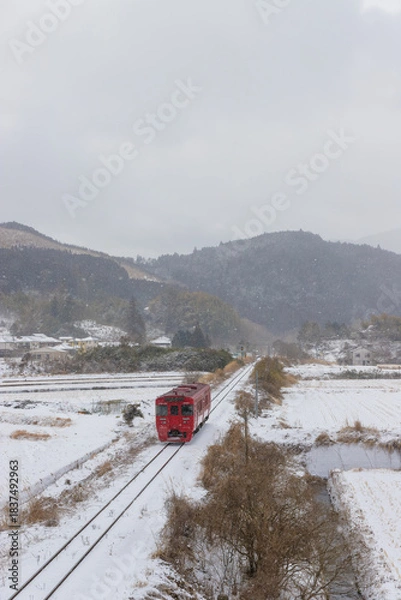 Obraz 湯布院の雪景色と列車（大分県由布市湯布院）