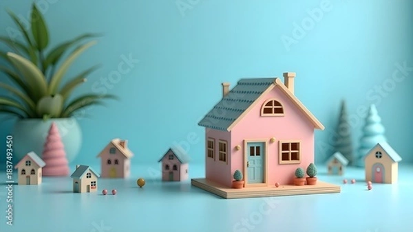 Obraz Small DIY Craft Home on Blue Pastel Background with Soft Lighting