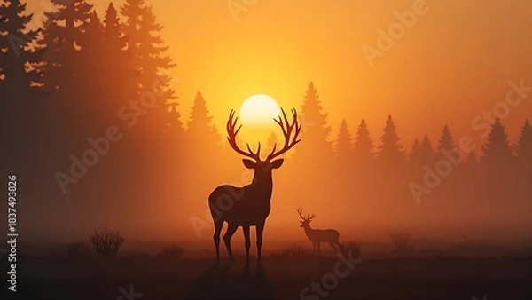 Obraz Deer Silhouette with Large Antlers at Sunrise Mist