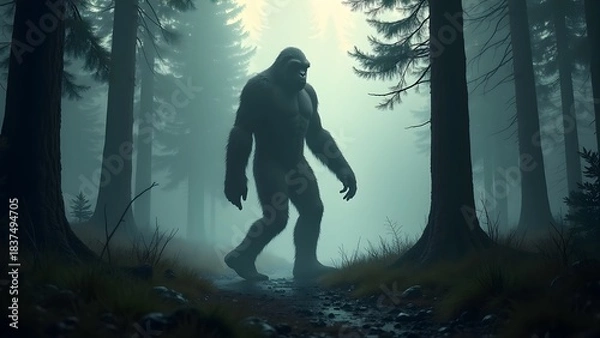 Obraz Silhouette of Bigfoot Walking in Foggy Forest Clearing