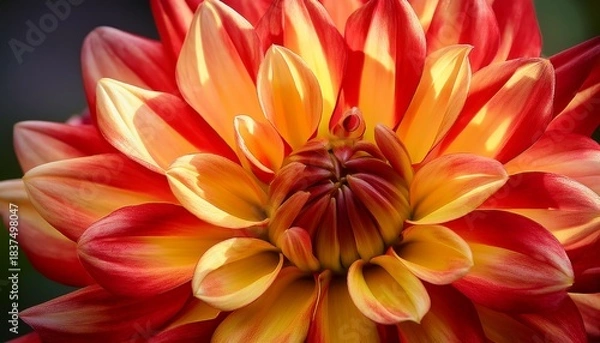 Fototapeta Vibrant Dahlia In Bloom Captivating Close Up Of A Stunning Dahlia Flower Its Petals A Brilliant Mix Of Fiery Red And Radiant Yellow With Intricate Details Enhanced By Delicate Backlighting