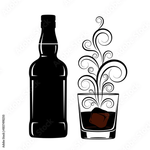 Obraz Irish whiskey bottle and glass with ice icon for St Patricks Day design