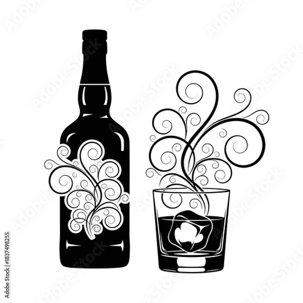 Obraz Irish whiskey bottle and glass icon with decorative swirls for St Patricks Day design