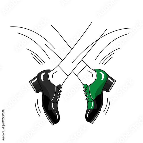 Obraz Irish step dance shoes icon with energetic crossed legs motion lines and dynamic movement illustration for St Patrick’s Day celebrations and cultural dance designs
