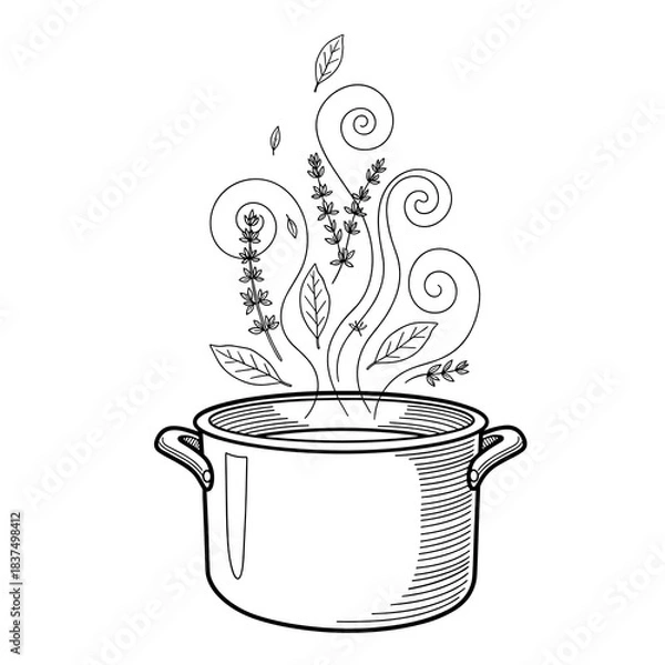 Obraz Irish stew cooking pot icon with herbs rising in steam for traditional cuisine illustrations