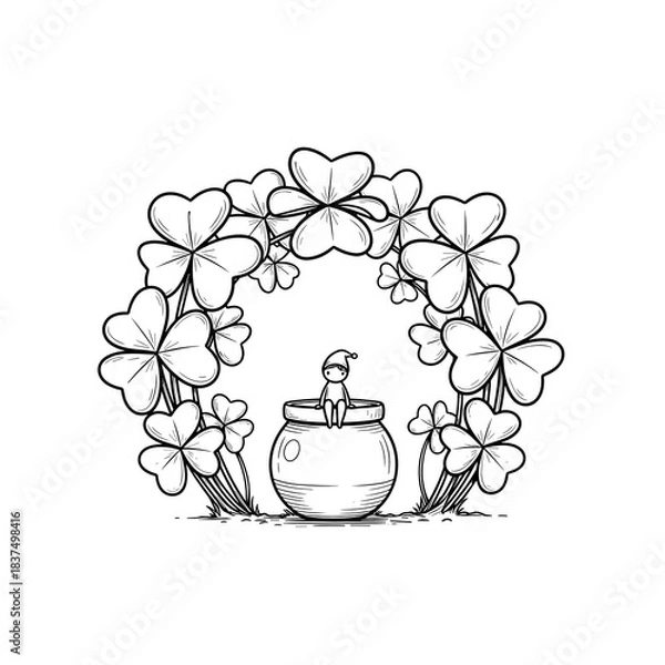 Obraz Leprechaun and pot of gold under arch of large clovers monochrome illustration