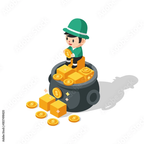 Obraz Cute leprechaun sitting on pot filled with gold blocks and coins