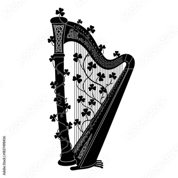 Obraz Celtic harp with shamrock decorations silhouette illustration icon