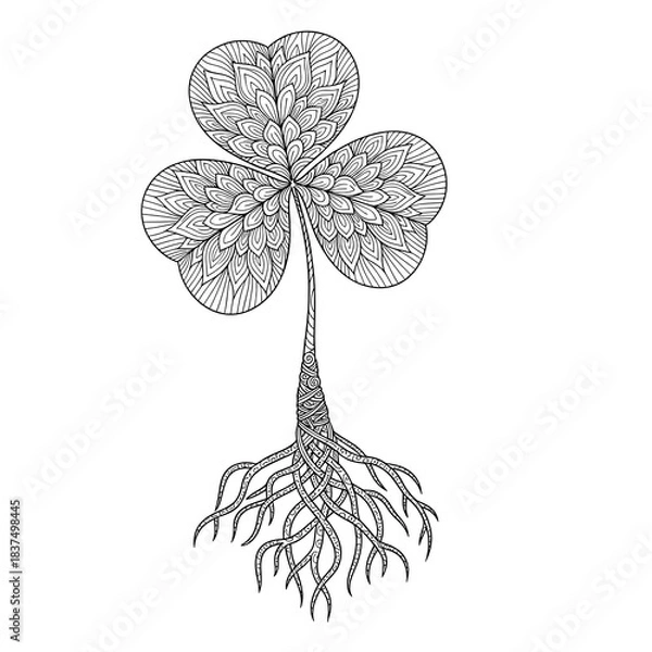 Obraz Detailed shamrock with long roots botanical illustration for coloring pages