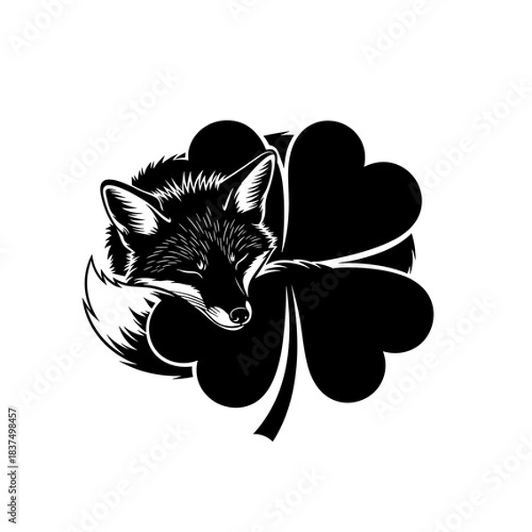 Obraz Fox with shamrock silhouette illustration icon in black and white