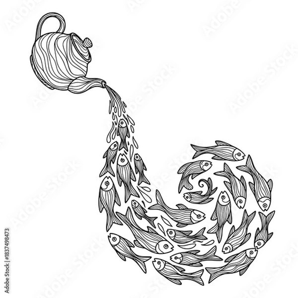 Obraz Teapot pouring swirling school of fish illustration for fantasy and whimsical designs