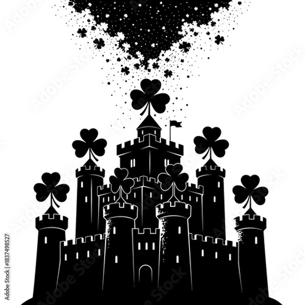 Obraz Irish themed castle silhouette decorated with shamrocks and magical sparkling particles for Saint Patricks Day designs and festive graphic projects