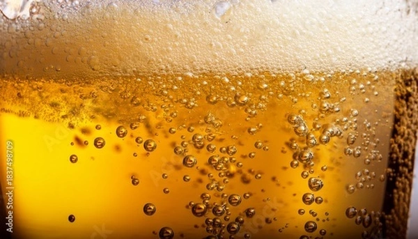 Fototapeta Close Up Of Bubbles In Foamy Yellow Carbonated Beverage In A Glass