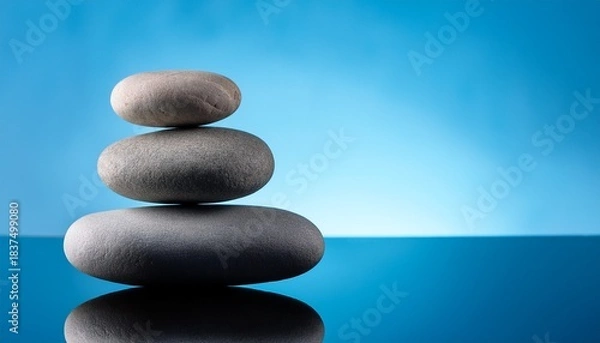 Fototapeta A Serene Stack Of Smooth Stones Rests On A Reflective Surface Surrounded By A Tranquil Blue Background Evoking Calmness And Balance