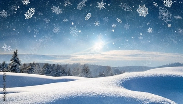 Fototapeta Magical Winter Landscape With Snowdrifts And Falling Snowflakes Background
