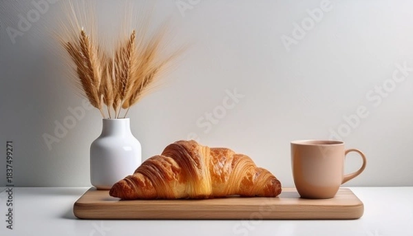 Fototapeta Croissant And A Mug On A Wooden Stand A Vase White Background Minimalism Copy Space