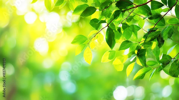 Fototapeta 新緑の葉と木漏れ日のナチュラルな背景
