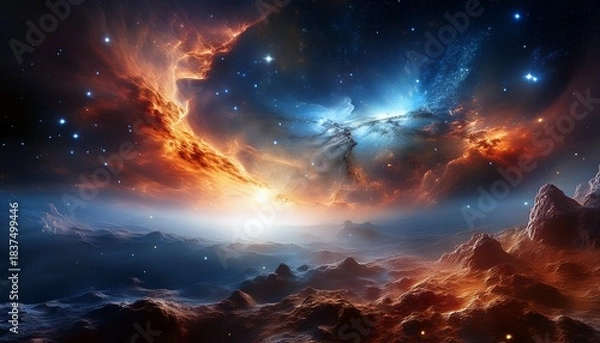 Fototapeta Stunning Contrast Between The Fiery Glow Of A Distant Nebula And The Icy Brilliance Of Nearby Stars Highlighting The Intricate Interplay Of Light And Shadow Within The Cosmic Landscape