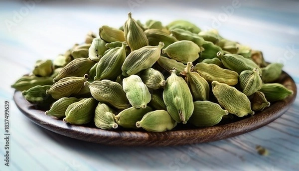 Fototapeta Fresh Green Cardamom Pods With Aromatic Seeds Perfect For Culinary Creations And Natural Wellness Products Adding A Touch Of Exotic Spice And Flavor