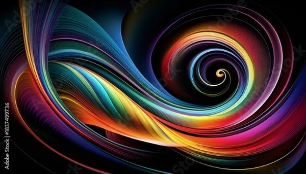 Fototapeta Colourful Abstract With Swooshes Swirls Spirals And Elipses On A Black Background