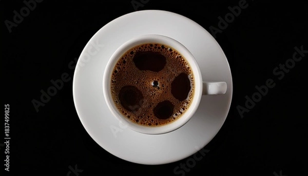 Fototapeta Overhead Shot Of A Full Coffee Cup On A White Saucer Against A Black Background Bubbles
