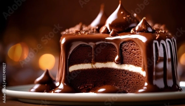 Fototapeta Macro Shot Of A Chocolate Buttermilk Cake Rich Dark Brown Color Moist Crumb Texture Glossy Chocolate Glaze Dripping Warm Lighting Hyper Detailed Ultra Realistic 8K Resolution