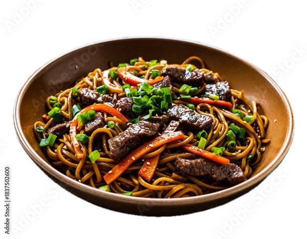 Fototapeta Noodles with meat and vegetables isolated on white background