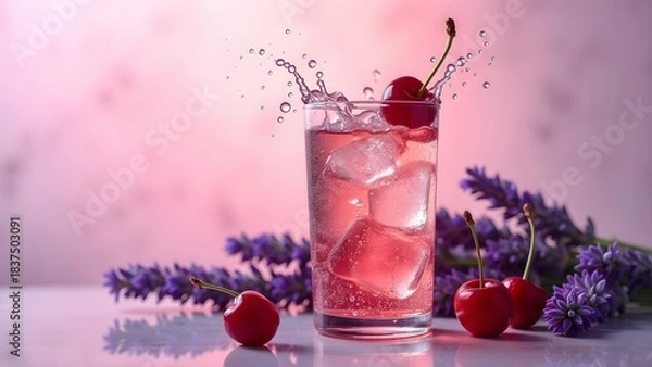 Obraz Romantic Cherry Lavender Sparkling Soda with Mid-Air Splash