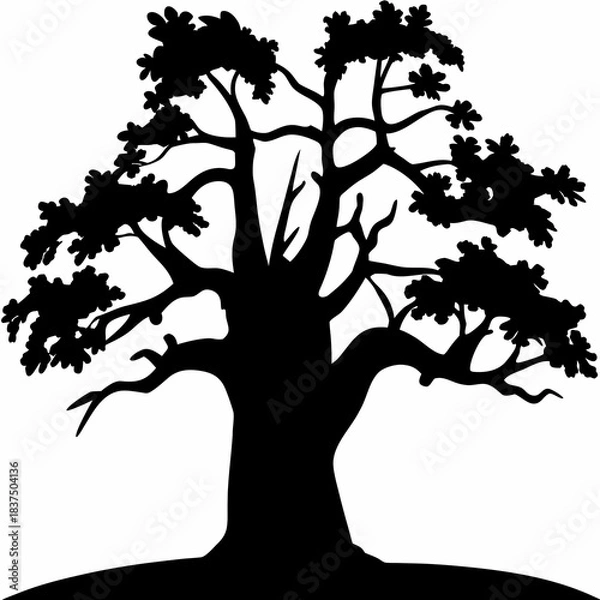 Obraz Black silhouette of a tree with sprawling branches and leaves on white background illustration