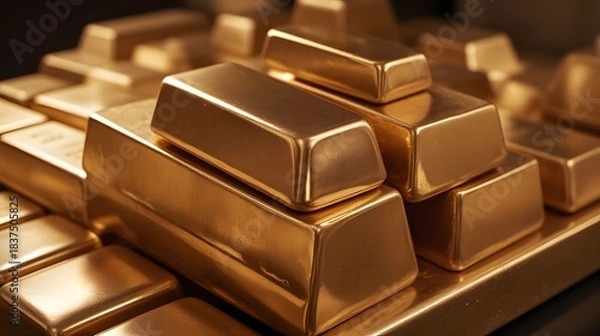 Fototapeta Gold Bars Stacked in a Vault, Modern Business Environment, Close-Up View