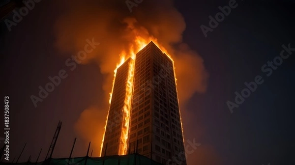 Fototapeta Fire Engulfs Skyscraper, Emergency Response in Urban Setting, Nighttime Scene