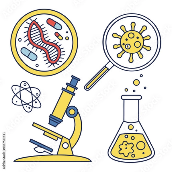 Fototapeta Vibrant science icons featuring a microscope, virus, bacteria, and lab flask illustrate microbiology research and discovery