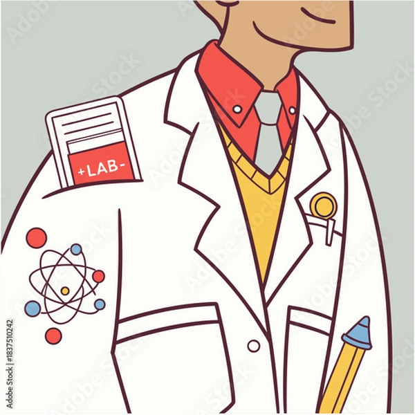 Fototapeta Smart scientist in professional attire with lab badge and atomic symbol ready for groundbreaking research