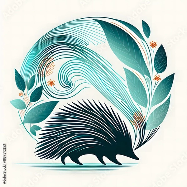Fototapeta Abstract hedgehog artwork with botanical leaves in modern graphic style