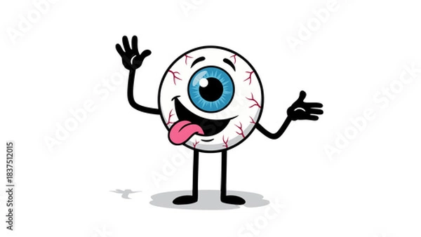 Fototapeta Cartoon Eyeball Character with Blue Iris and Pink Tongue Sticking Out Against Black Background with Shadow Effect