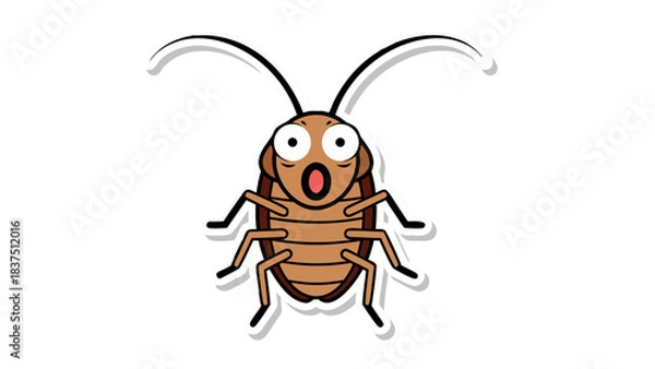 Fototapeta Cartoon Cockroach With Wide Eyes And Open Mouth Expressing Shock And Surprise Against A Black Background With A White Outline Border