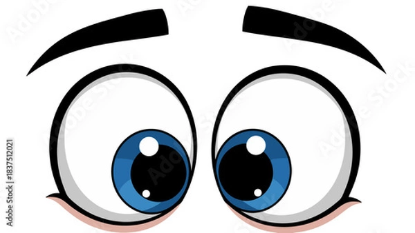 Fototapeta Cartoon Eyes Wide Open Looking Upwards with Blue Iris and White Sclera on Black Background Simple Flat Design