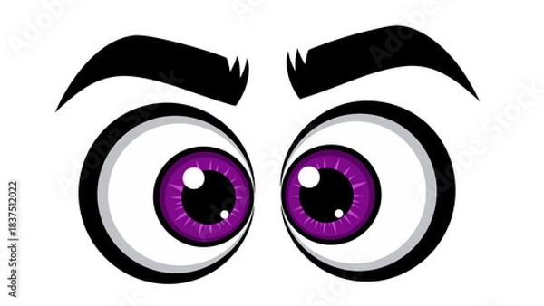 Fototapeta Cartoon Eyes With Purple Iris And White Sclera Against A Black Background With White Highlights And A Wide Eyed Expression
