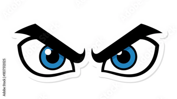 Fototapeta Cartoon Eyes With Blue Iris And Black Eyebrows Set Against A Black Background Expressing Anger Or Intensity