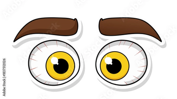 Fototapeta Cartoon Eyes with Yellow Irises and Brown Eyebrows Expressing Surprise or Shock on a Black Background
