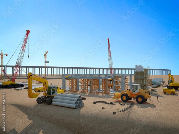 Obraz construction site with cranes amd workers. 3d render