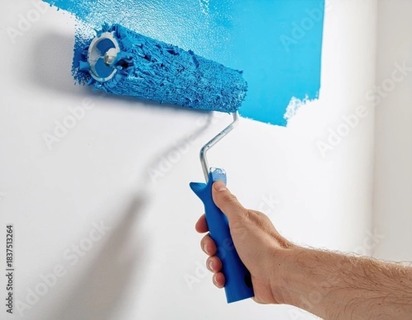 Fototapeta Close-up Of A Hand Holding A Blue Paint Roller Applying Bright Blue Paint To A White Wall Creating A Smooth Texture With Natural Lighting