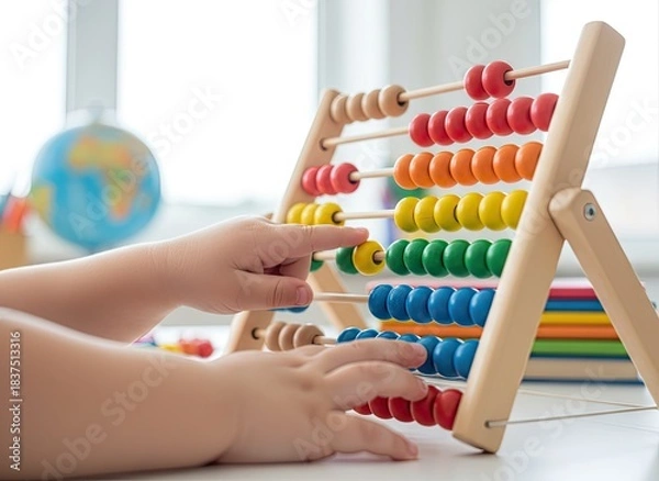 Fototapeta Childs Hands Counting Colorful Wooden Beads on an Abacus Desk with Globe and Books in Background Natural Daylight